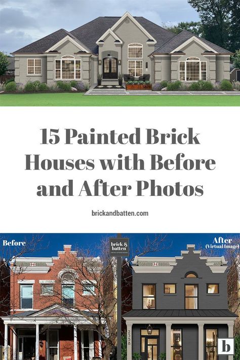 Painting brick is a tried and true way of updating your home’s exterior without replacing the masonry. While some brick styles have stood the test of time, others have become dated more quickly. Moreover, many homeowners prefer a solid field color for their home as compared to the natural variety of brick. In this post we’ve compiled 15 of our favorite painted brick houses with before and after photos to inspire you. #brickhouse #paintedbrick Stained Brick Exterior, Painted Brick House Exterior, Brown Brick Exterior, Brick And Siding Exterior, Grey Painted Brick, Painted Brick Ranch, Brick Paint Colors, Grey Brick Houses, Yellow Brick Houses