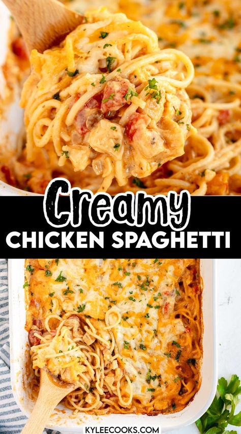 You are going to LOVE this ultimate comfort food, Creamy Chicken Spaghetti! A heavenly mix of tender chicken, homemade creamy sauce with a hint of spice, and not one, not two, but THREE kinds of cheese. Perfect for cozy nights in! Easy Chicken And Spaghetti Recipes, Spaghetti Recipes With Chicken, Ground Chicken Spaghetti, Creamy Chicken Spaghetti, Spaghetti Chicken, Chicken Spaghetti Recipe, Crockpot Pasta Recipes, Chicken Spaghetti Casserole, Cheesy Chicken Spaghetti