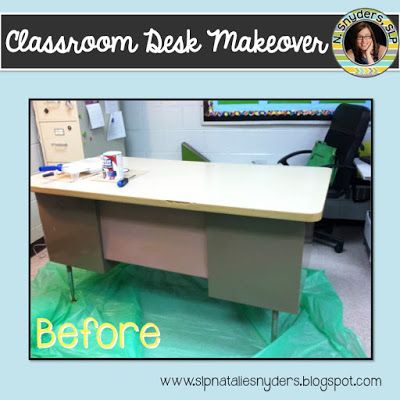 Classroom Desk Makeover Teacher Desk Decorations, School Desk Makeover, Slp Classroom, Desk Makeover Diy, Desk Cover, Classroom Desk, Classroom Tables, Classroom Makeover, School Slp