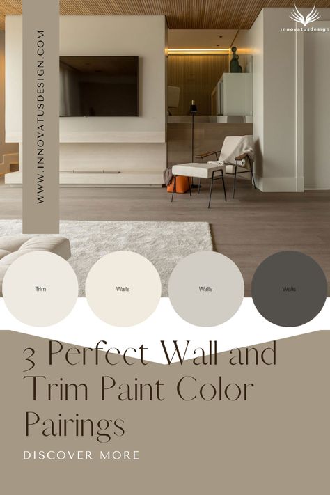 The perfect wall and trim paint color pairings - REVEALED! Explore the best wall and trim paint color pairings in this comprehensive article! #paintcolorschemes #paintcolorideas #paintcolorforsmallspaces #interiordesignideas #interiordesigninspiration #homedecoration #homedecorideas Minimalist Paint Colors Interior Design, Not White Trim Paint Colors, Cream Trim With White Walls, Transitional Interior Paint Colors, White Wall With Taupe Trim, Classy Paint Colors Interior Design, White Trim Wall Color Ideas, Home Trim Colors Interiors, Bedroom Paint Colors With White Trim