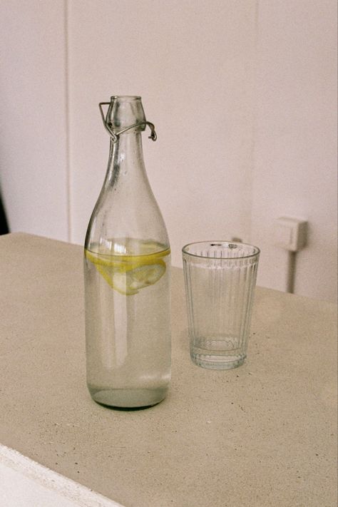 Bottle Of Water Aesthetic, Aesthetic Glass Bottle, Glass Water Bottle Aesthetic, Fujifilm 35mm, Glass Bottle Product Photography, Water Bottle Lifestyle Photography, Glass Bottle Still Life Photography, Water Bottle Aesthetic, Bottle Aesthetic