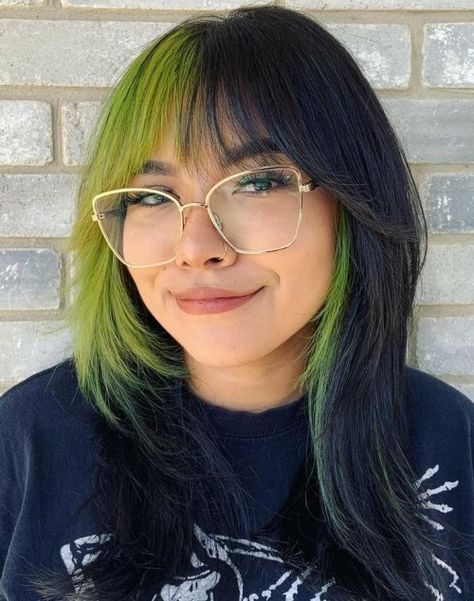 Bangs For A Round Face Shape, Hair Ideas Round Face, Black Hair With Fashion Colors, Color In Bangs, Shag Hairstyles For Round Faces, Color Bangs Hair, Hair Color Ideas For Round Faces, Bangs With Colored Hair, Bangs Glasses Round Face