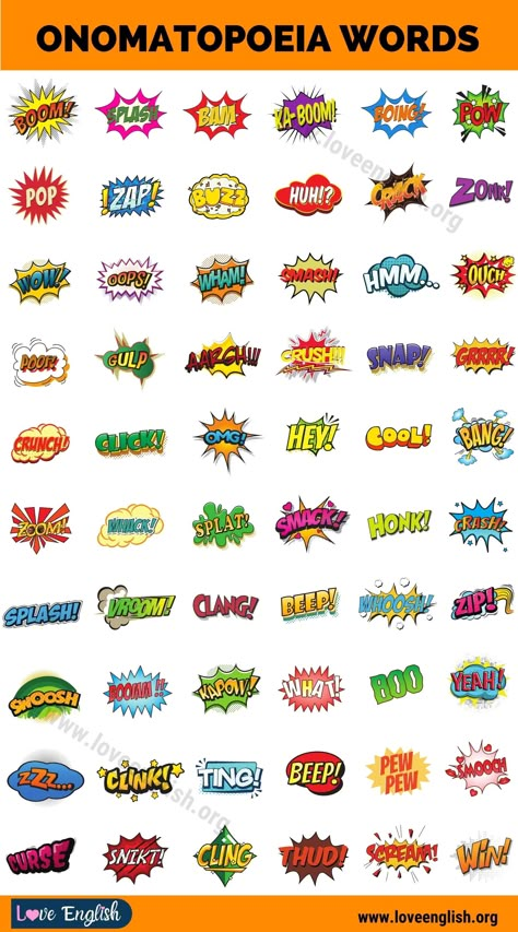 Onomatopoeia: Wonderful List of 120+ Words that Describe Sounds - Love English Pop Word Art, Pop Art Writing, Pop Art Onomatopoeia, Pop Art Art Projects, Onomatopoeia Comic, Pop Art Letters, Onomatopoeia Art, Pop Art Comic, Figurative Language