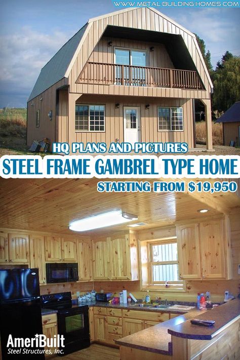 Steel Frame Gambrel Type Homes Starting from $19,950. Are looking for a big house but low on budget? We have a good news for you! We have an amazing steel frame gambrel-style metal building homes for those on a tight budget! With this type of house, you can benefit from its low maintenance design.#metalhousing #metalhouse #Metalbuildinghomes #housingsolution #SteelFramehomes Low Budget Homes, Gambrel House Plans, Metal Shed House, Gambrel Barn House, Cheap Houses To Build, Gable Roof House, A Big House, Gambrel Barn, Gambrel Style