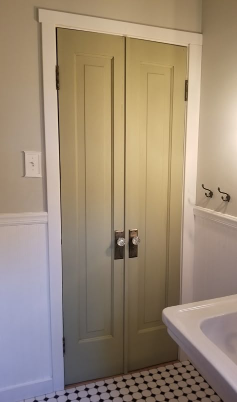 Petite Double Door Bathroom, Small Bathroom Door Ideas Toilet Room, Accordion Bathroom Door, Double Doors To Bathroom, Petite Double Door, Half Bath Door Ideas, Vertical Split Door, Small French Doors Bathroom, French Doors For Bathroom