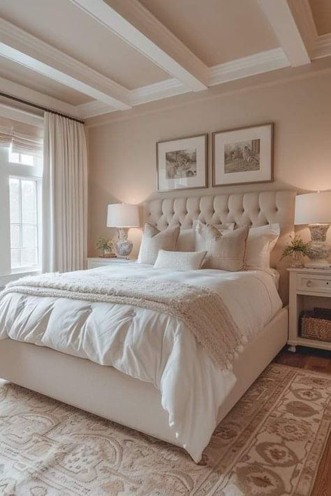 Beige And White Bedroom Ideas, White And Beige Bedroom, Cream And White Bedroom, Beige Bedroom Decor, White Bedroom Design, Feminine Bedroom, Classy Bedroom, Beige Bedroom, Bedroom Refresh