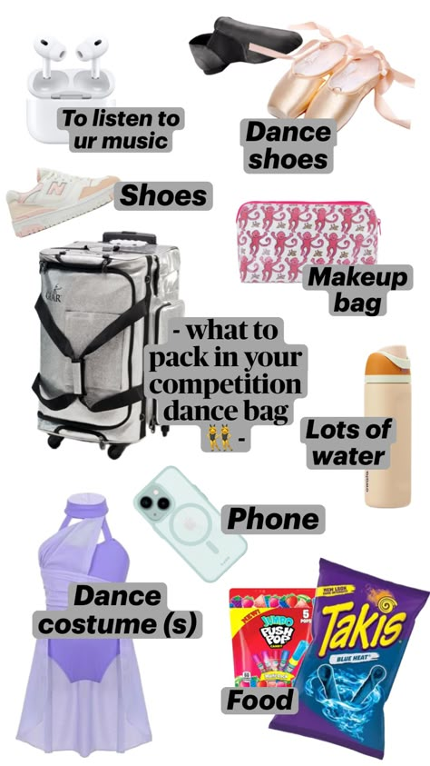 What to pack in your competition bag 🤍 #dancer #dance #whattopack #cute #food #dancing #fordancers What To Have In Your Dance Bag, Color Guard Bag, Dance Competition Necessities, What To Put In Dance Bag, What To Put In Your Dance Bag, Dance Comp Essentials, Dance Competition Must Haves, Ballet Bag Essentials, Whats In My Dance Bag