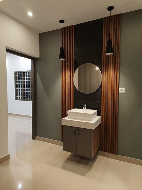 Wash Baisen Wall Design, Wash Basin Designs For Dining Room, Vanity Area Design, Dinning Wash Basin Area, Wpc Design Interior, Wash Unit Design, Wash Area Design Indian, Living Room Basin Design, Lobby Washbasin Design