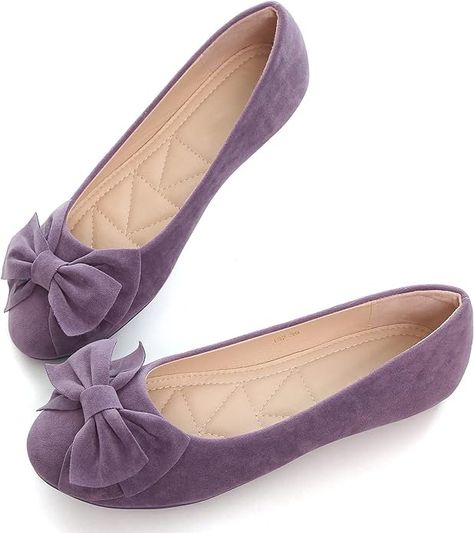 Amazon.com | VFDB Women Classy Cute Bow-Knot Ballet Flats Round Toe Daily Cozy Comfort Slip on Flat Shoes Purple US 9 | Flats Violet Outfits, Purple Ballet Flats, Flat Shoes Black, Purple Flats, Working Shoes, Romantic Classic, Shoes Purple, Cute Shoes Heels, Suede Ballet Flats