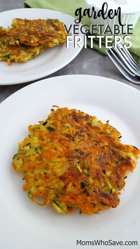 Garden Vegetable Fritters Recipe | MomsWhoSave.com   #recipes #vegetables #zucchini Chinese Fritters Recipe, Zucchini Carrot Fritters Air Fryer, Asian Vegetable Fritters, Cheesy Vegetable Fritters, Green Fritters, Vegetable Patties, Homestead Cooking, Vegetable Fritters, Make Sour Cream