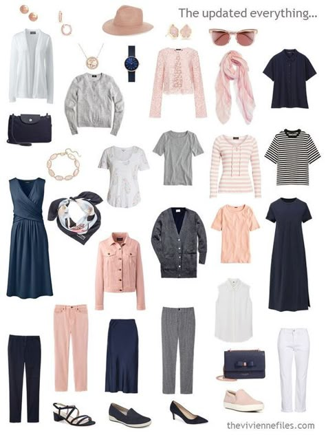 8. accessorized travel capsule wardrobe in navy, white, blush and grey Packing Accessories, Africa Trip, Vivienne Files, Packing Guide, Travel Clothing, Blush And Grey, Travel Capsule, Fashion Capsule Wardrobe, Travel Clothes