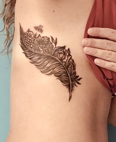 Feather and flowers Tattoo Feather And Flowers Tattoo, Feather Flower Tattoo, Feather And Flower Tattoo, Arm Cover Up Tattoos, Side Arm Tattoos, Flower Tattoo Stencils, Crow Feather, Dad Tattoo, Sea Tattoo