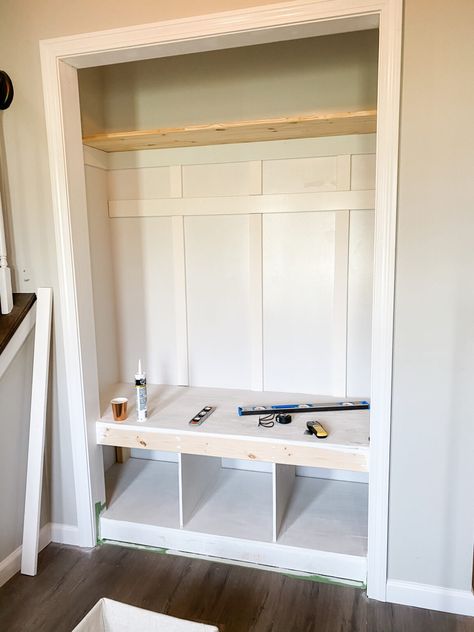 DIY Mudroom Closet Makeover - Come Stay Awhile by Amanda Vernaci | Modern Farmhouse DIY + Home Renovation Entry Closet Makeover, Mudroom Closet Makeover, Closet Bench, Front Hall Closet, Mudroom Closet, Front Closet, Window Mudroom, Mudroom Makeover, Closet Diy