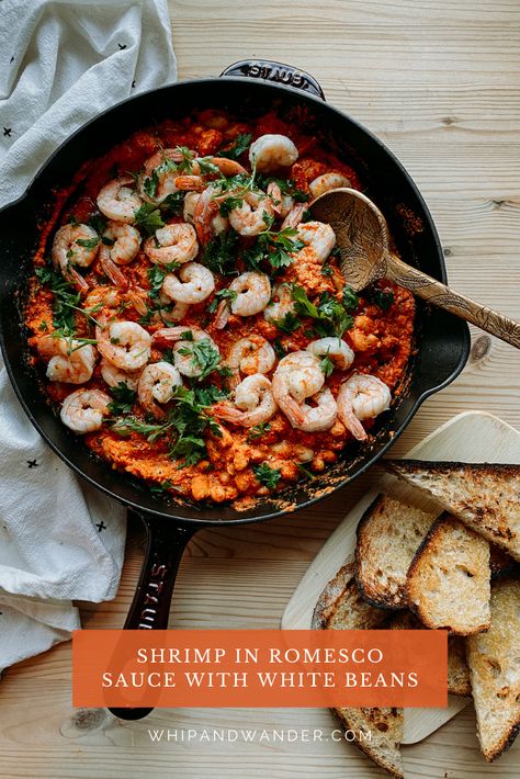 Shrimp in Romesco Sauce with White Beans is one of our favorite special date-night dishes. This easy recipe can be ready in about 20 minutes. | whipandwander.com | #datenight #easydatenightrrecipes #datenightrecipes #romesco #shrimpwithromesco #shrimprecipes #easyshrimprecipes #glutenfreerecipes #20minutedinners #romescosauce Comfort Pasta, Easy Skillet Meals, Romesco Sauce, Date Night Recipes, Shrimp Recipes Easy, Healthy Gluten Free Recipes, Cozy Meals, Hearty Stews, Warm Food