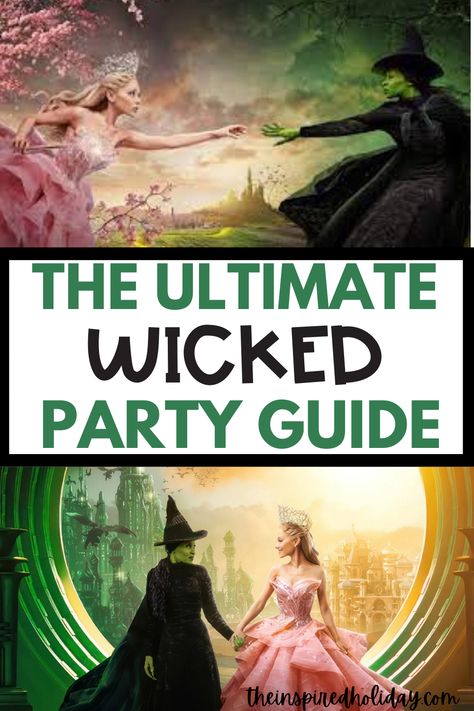 The Wicked hype is real which means Wicked party themes are the hottest trend. Plan your Wicked themed party with ease using this easy to follow guide. You'll find everything you need to plan the ultimate Wicked party. Wicked Themed Party Decorations, Wicked Movie Party Ideas, Good Vs Evil Party Theme, Wicked Themed Cake, Wicked Dinner Party, Wicked Cake Musical, Emerald City Party Decorations, Wicked Themed Party Food, Wicked Musical Themed Party