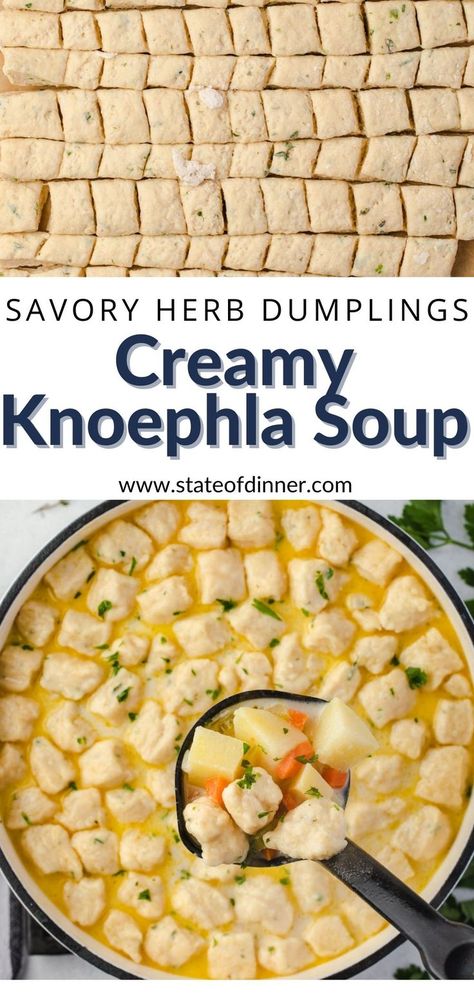 Top image is dumpling dough cut into squares and the bottom is potato and dumpling soup scooped out of pot with a black ladle. Knelpha Soup, Cheese Dumplings For Soup, German Wedding Soup, Creamy Knoephla Soup, German Soup Dumplings, Homemade Knoephla Dumplings, German Garlic Soup, Savory Dumplings Recipe, Krolls Diner Knoephla Soup Recipe