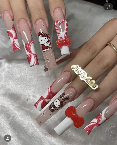 Hello Kitty Christmas Nails Acrylic, Hello Kitty Xmas Nails, Candy Cane Nails Acrylic, Holiday Acrylics, Hello Kitty Halloween Nails, Christmas Baddie Nails, Baddie Christmas Nails, Hello Kitty Christmas Nails, Nails Navidad