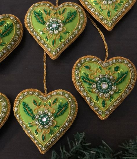 Green Heart Christmas Ornaments, Holiday Decor, Xmas Hanging, Handmade Christmas Hanging, Decorative Tree Hanging Gift Set of 6 and More - Etsy Hungary Embroidered Xmas Decorations, Embellished Christmas Ornaments, Hand Embroidered Christmas Ornaments, Beaded Felt Ornaments, Embroidered Baubles, Velvet Christmas Ornaments, Green Christmas Ornaments, Embroidered Ornaments, Embroidered Christmas Ornaments