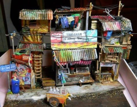 Wood Balcony, Cardboard Dollhouse, Philippine Houses, Reused Materials, Shanty Town, Philippine Art, Cardboard Sculpture, Cardboard House, Cardboard Art