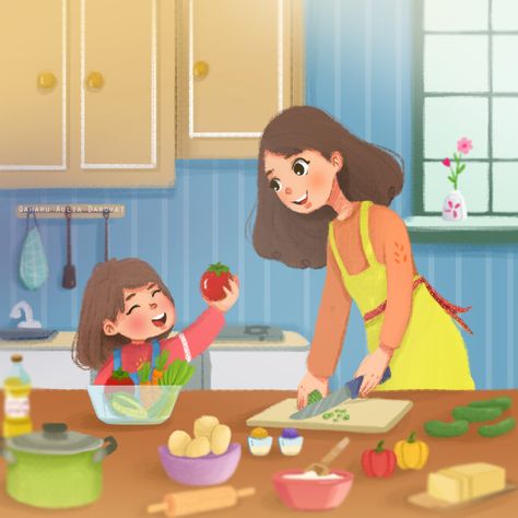 Mom and Daughter Cooking Together | Mom & Kid Illustration | Parenting Family illustration children #illustration #children #childrenbook #artwork #art #indonesia indonesia #parenting #procreate procreate love photoshop #kid artist #artist #universe #family Mother Illustration Character, Cooking Together Illustration, Mom Cooking Illustration, Mom And Daughter Cooking, Cooking Illustration Art, Family Love Illustration, Mom And Daughter Illustration, Cute Family Illustration, Mom Character Design