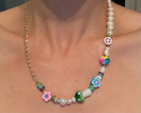 Excited to share this item from my #etsy shop: Handmade Necklace #handmade #flower #pearls #cute #y2k #funky Funky Necklace, Rainbow Pearl, Fruit Jewelry, Glass Mushrooms, Handmade Jewelry Tutorials, Smiley Faces, Chunky Beads, Handmade Flower, Stainless Steel Wire