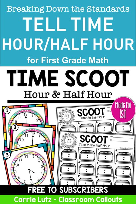 Get your first graders up and moving around with this fun telling time scoot! This activity will help them master telling time both to the hour and to the half hour. It includes a set of task cards that your students will use to scoot around the room, record the times, and have a great time too! Grab this freebie today and give your kids the perfect way to practice telling time to the hour and half hour. Time To The Half Hour, Math Daily 3, Telling Time To The Hour, Time Centers, Telling Time Practice, Time To The Hour, 3rd Grade Math Worksheets, Fun Math Activities, Math Center Activities