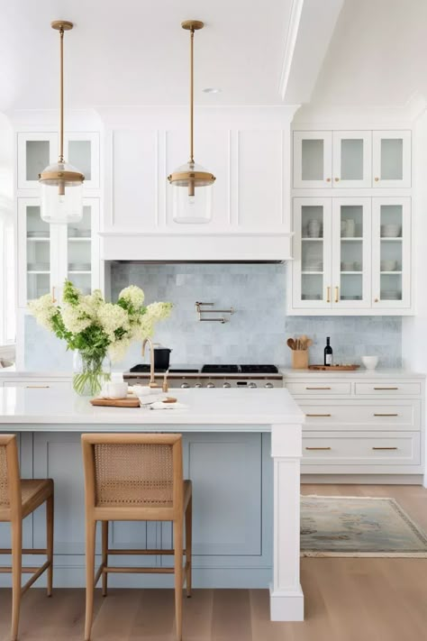 Coastal Kitchen Cupboards, Costal Home Aesthetic, Light Blue Kitchen Island White Cabinets, Kitchen Ideas Florida, Coastal Interior Kitchen, Tall Kitchen Design, Hampton Beach House Decor, Coastal Transitional Kitchen, Hamptons House Kitchen