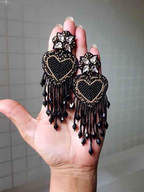 Statement Beaded Earrings, Black Bead Embroidery, Black Heart Earrings, Black Statement Earrings, Beaded Heart, Long Earring, Handmade Fashion Jewelry, Botanical Wallpaper, Handmade Heart