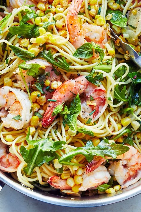 Shrimp Linguine With Herbs, Corn and Arugula Recipe - NYT Cooking - great summer pasta! Baked Ziti With Sausage, Shrimp Corn, Nyt Recipes, Pasta With Shrimp, Shrimp Linguine, Arugula Recipes, Barley Salad, Herb Salad, Bacon Pasta