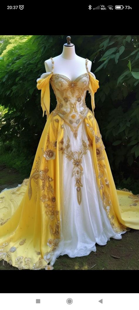 Sun Queen Dress, Sun Themed Ball Gown, Hufflepuff Wedding Dress, Sun Princess Dress, Fantasy Yellow Dress, Sun Princess Art, Sun Prom Dress, Yellow Masquerade Dress, Yellow Royal Dress