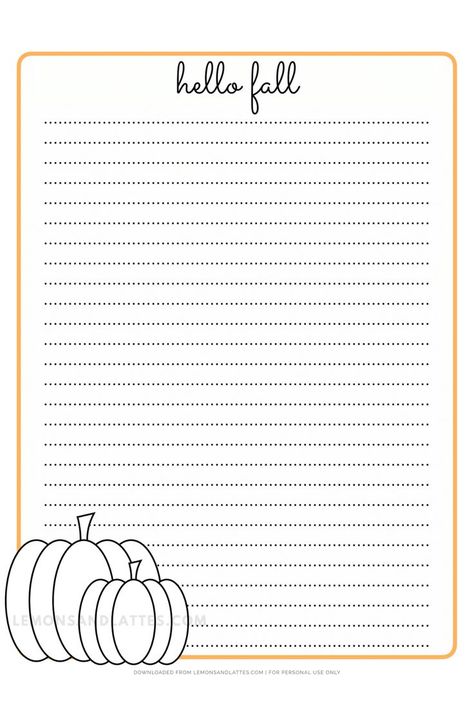 Looking for cute lined fall writing paper? This printable is perfect for writing letters, journaling, poetry, handwriting practice, or any other project where themed paper is needed. This one features two colorable pumpkins. Fall Writing Paper, Fall Writing Activities, Fall Writing, Writing Paper Printable, Writing Letters, Screen Free Activities, Fall Coloring Pages, Printable Activities For Kids, Cursive Writing