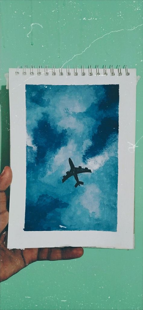 Plane In Sky Painting, Plane Acrylic Painting, Blue Sky Watercolor Painting, Plane Watercolor Painting, A5 Watercolour Paintings, Airplane Watercolor Painting, Water Colour Painting Ideas Inspiration Aesthetic, Air Plane Painting, Mini Watercolor Paintings Aesthetic