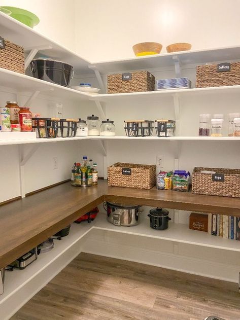 Large Pantry Shelving Ideas, Large Walk In Pantry With Countertop, Large Pantry Design, Pantry With Appliance Counter, Walk In Pantry With Appliance Counter, Square Pantry, Cabinets 2023, Diy Pantry Makeover, Pantry Organization Ideas Shelves