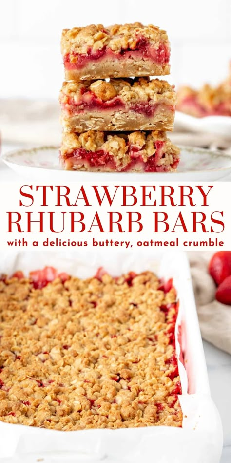 These delicious strawberry rhubarb bars have a buttery oatmeal base with hints of cinnamon and delicious oatmeal. The strawberry rhubarb filling is sweet, slightly tart and a little gooey #strawberryrhubarb #bars #oatmealbars #crumblebars form Just So Tasty https://www.justsotasty.com/strawberry-rhubarb-bars/ Strawberry Rhubarb Crumble Recipe, Strawberry Rhubarb Cookie Bars, Rubarbe And Strawberry Recipe, Strawberry Rhubarb Oatmeal Bars, Strawberry Rhubarb Squares, Strawberry Rhubarb Crumble Bars, Rhubarb Strawberry Tart, Rhubarb Strawberry Bars, Strawberry Rhubarb Bars Recipes