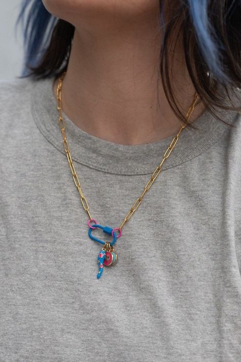 Oval Carabiner Gold Paperclip Necklace with 3 charms - Blue, Red, Black 18" What To Wear Photoshoot, Gold Paperclip Necklace, Carabiner Necklace, Italian Horn, Paperclip Necklace, Beading Jewelery, Red Chili, Snail Mail, Enamel Charms