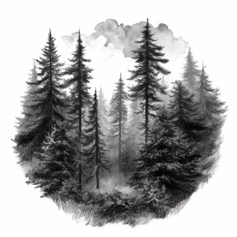 Forest Design Tattoo, Woods Tattoo Design, Forest Background Tattoo, Black Forest Tattoo Design, Pine Forest Tattoo, Forest Tattoo Sleeve Design, Forest Trees Tattoo Design, Tattoo Woods Forest, Bear With Trees Tattoo