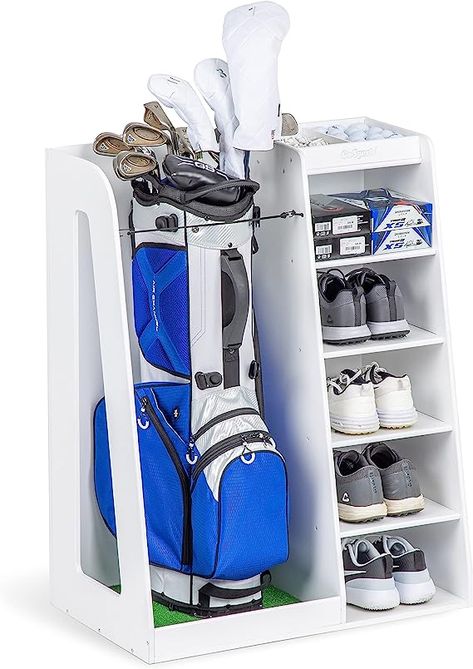 PREMIUM GOLF BAG ORGANIZER: Keep your golf gear organized in a premium, modern looking wood storage cabinet; Designed to fit 1 full size golf bag, 4-5 pairs of golf shoes and accessories; Assembled size measures 29 in width x 37 in height x 17 in depth Golf Organizer, Sport Rack, Home Office Garage, Football Accessories, Gear Organizer, Wood Storage Cabinets, Office Garage, Storage Racks, Storage Bags Organization