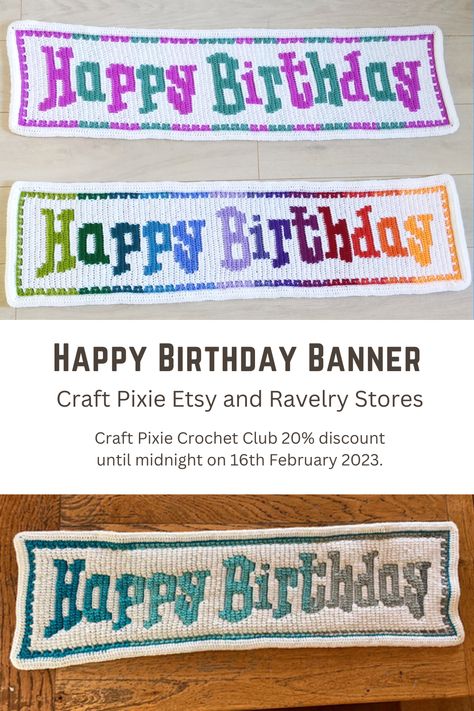 Happy Birthday Banner using simple overlay mosaic crochet from Craft Pixie! Crochet Birthday Banner, Crochet Happy Birthday, Crochet Happy Birthday Banner, Crochet Stash Buster, Pixie Crochet, Happy Birthday Banner Sewing Pattern, Crochet Bunting With Letters, Sewn Happy Birthday Banner, Crochet Birthday