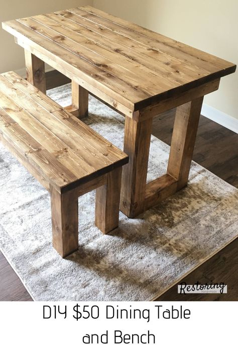 Follow this tutorial to see how you can make a quick and budget-friendly table and bench! Diy Table With Bench, Diy Small Dinner Table, Small Table With Bench, Pallet Dining Table Diy, Diy Dining Table With Bench, Easy Diy Kitchen Table, Diy Kitchen Table With Bench, Wood Working Kitchen Table, 2x4 Dining Table