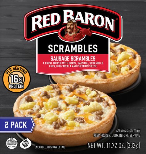 Red Baron Breakfast Pizza, Red Barron, Red Baron Pizza, Breakfast Scramble, Breakfast Pizza Recipe, Pizza Branding, Frozen Breakfast, Red Baron, Tasty Recipe