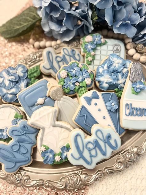 Rollin’ Cookies Decorative Wedding Cookies, Navy Blue Wedding Cookies, Blue And White Wedding Cookies, Blue And White Bridal Shower Cookies, Blue Wedding Cookies Royal Icing, Bridal Shower Cookies Dusty Blue, Wedding Shower Cookies, 2024 Wedding, Mom Wedding