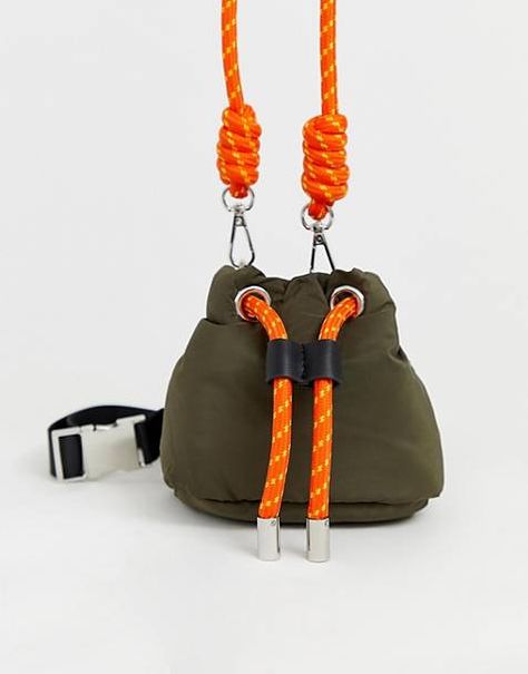 Pull&Bear nylon bucket bag with rope tie in green Upcycled Bag, Rope Tie, Chalk Bags, Bottle Sleeves, Rope Bag, Eco Bag, Bag Packaging, Nylon Bag, Diy Bag