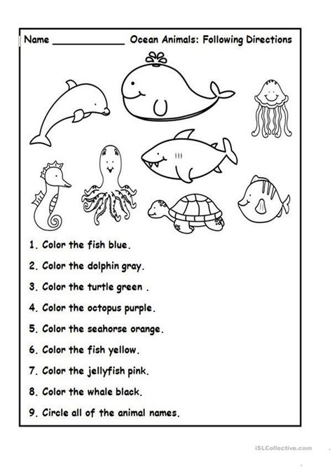 Animals and Colours - English ESL Worksheets for distance learning and physical classrooms Names Ocean, Following Directions Worksheet, Directions Worksheet, Animals Worksheet, Ocean Unit, Color Words, Animal Names, Animal Worksheets, Ocean Activities