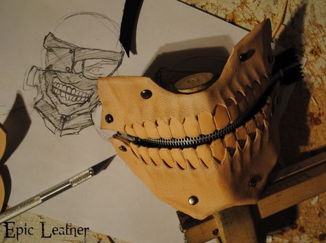 WIP for a new commission.  Ken Kaneki's "Eyepatch" Mask from Tokyo Ghoul.﻿ Etsy Link: www.etsy.com/listing/221027155… Updates and additional Shots: Tokyo Ghoul Masks Ideas, Diy Leather Mask, Kaneki Mask, Eva Foam Armor, Leather Knife Sheath Pattern, Masks Ideas, Motorcycle Mask, Biker Helmets, How To Make Leather