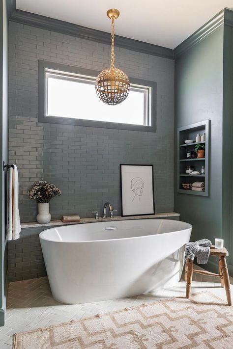 Herringbone Brick Floor, Transitional Bathroom Design, Subway Tile Showers, Luxe Bathroom, Grey Bathroom Tiles, Grey Subway Tiles, Fireclay Tile, Transitional Bathroom, Brick Flooring