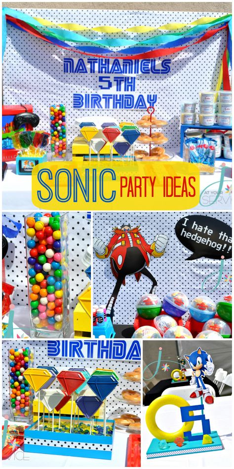 This fun boy birthday party is centered around Sonic the Hedgehog!  See more party ideas at CatchMyParty.com! Sonic Boom Birthday Party, Sonic Craft, Sonic 5th Birthday, Sonic The Hedgehog Party Ideas, Sonic Birthday Ideas, Sonic The Hedgehog Party, Sonic Themed Birthday Party, Sonic Birthday Party Ideas Boys, Sonic The Hedgehog Birthday Party Ideas