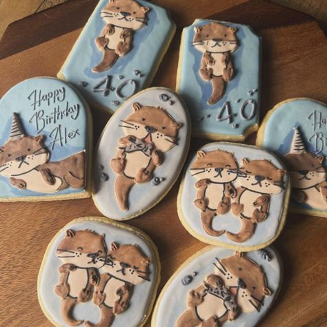 How cute are these otter themed cookies! Definitely one of my favourite themes so far! 🦦 #otter #sugarcookies #sugarcookiedecorating #giftideas #birthdaygift Raccoon Cookies, Happy 4th Birthday, Themed Cookies, Cookies Decorated, Sugar Cookies Decorated, Otters, 4th Birthday, Sugar Cookies, My Favourite