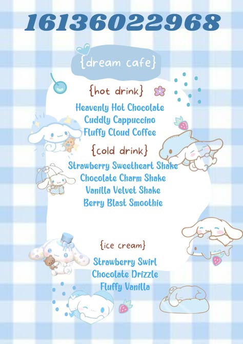 Cinnamoroll Decals Bloxburg, Cinnamoroll Cafe, Hello Kitty Restaurant, Sanrio Cafe, Cafe Hello Kitty, Shop Decals, Bloxburg Food Decals, Bloxburg Decals Codes Aesthetic, School Decal