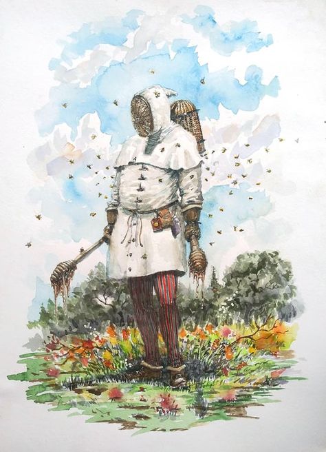 Medieval Beekeeper Art, Beekeeper Character Design, Medieval Beekeeper, Fantasy Ranger, Beekeeper Art, Beekeeper Costume, Bee Character, Ranger Dnd, Wow Art