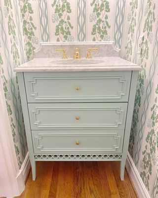 All Posts • Instagram Beadboard Powder Room, Black Mosaic Bathroom, Powder Room Vanity Ideas, Amy Studebaker, Blue Powder Room, White Powder Room, Blue Bathroom Vanity, Green Vanity, Powder Room Vanity